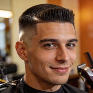 Nahaufnahme eines Mannes mit modernem, präzisem Bürstenschnitt im Friseursalon Hasenjäger Burscheid.