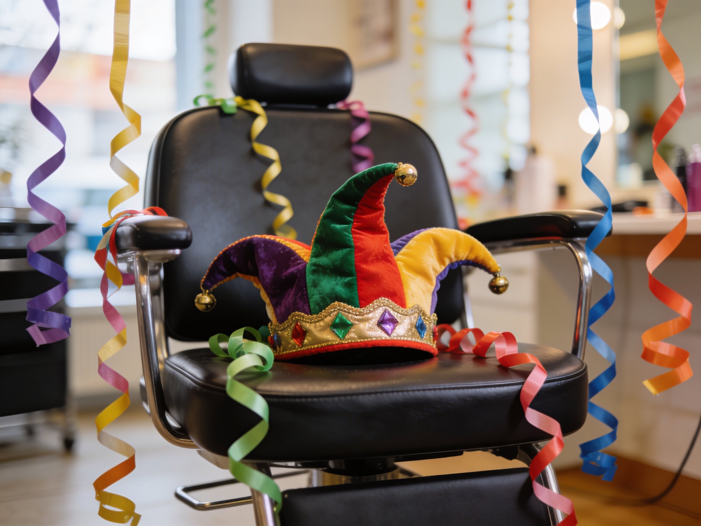 Friseursalon Hasenjäger in Burscheid: Leerer Friseurstuhl mit Karnevalsmütze und Luftschlangen symbolisiert die Schließung am Rosenmontag.