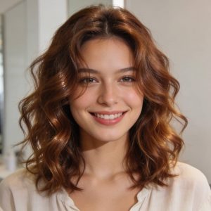 Eine junge Frau mit frischer, moderner Dauerwelle lächelt selbstbewusst in die Kamera. Mittellange, bouncy Locken in warmem Braunton fallen natürlich um ihr ovales Gesicht mit heller Haut, voller Glanz und Bewegung. Heller Friseursalon-Hintergrund mit Spiegel und natürlichem Licht betont den lockeren Alltagslook mit Bluse – perfekte Dauerwelle-Illustration