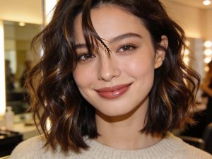 Lächelnde Frau mit undone Bob-Frisur (dunkles Braun, weiche Wellen, fransiger Pony) in hellem Friseursalon vor Spiegel, warmer Glanzlicht, 2026 Fashion-Vibes